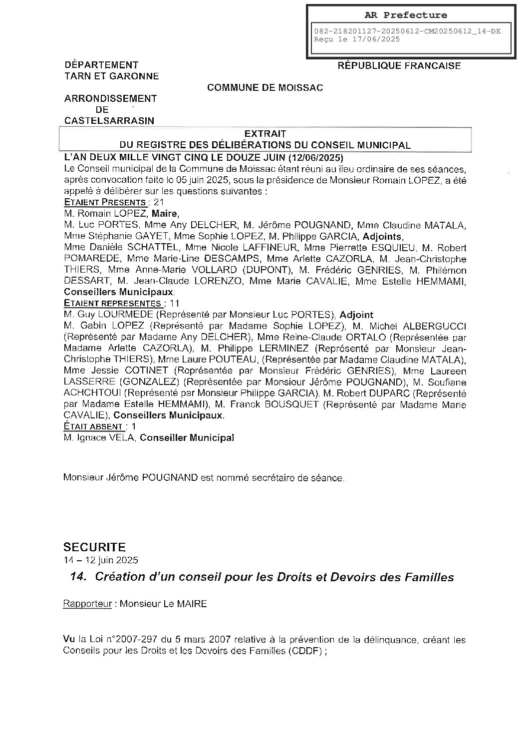 14 CREATION D’UN CONSEIL POUR LES DROITS ET DEVOIRS DES FAMILLES