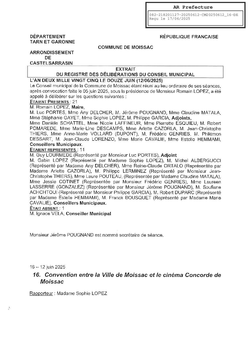 16 CONVENTION ENTRE LE CINEMA CONCORDE ET LA VILLE DE MOISSAC