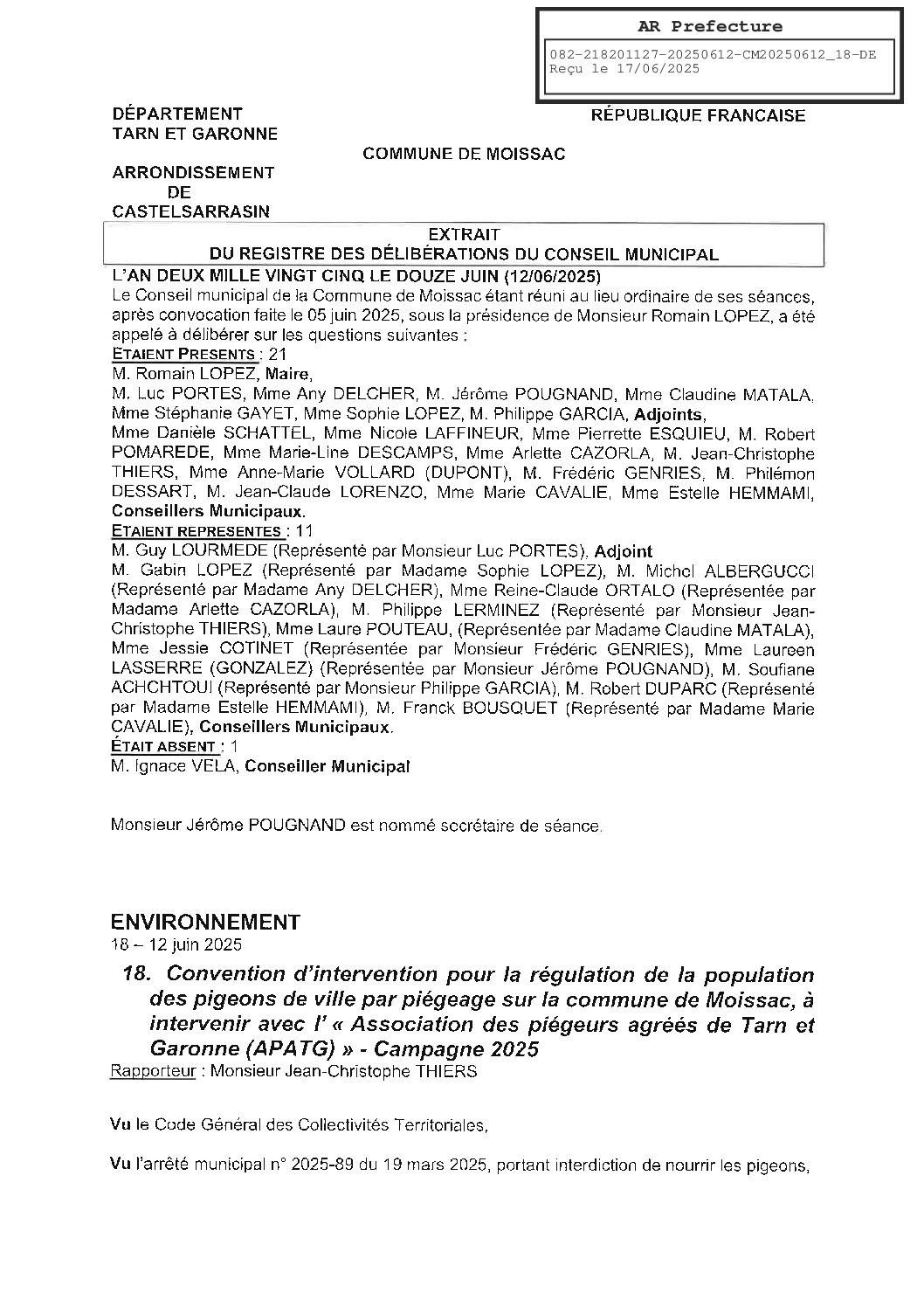 18 CONVENTION D INTERVENTION POUR LA REGULATION DES PIGEONS AVEC L’APATG
