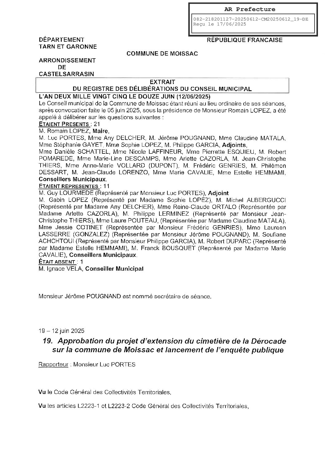 19 APPROBATION DU PROJET D EXTENSION DU CIMETIERE DE LA DEROCADE