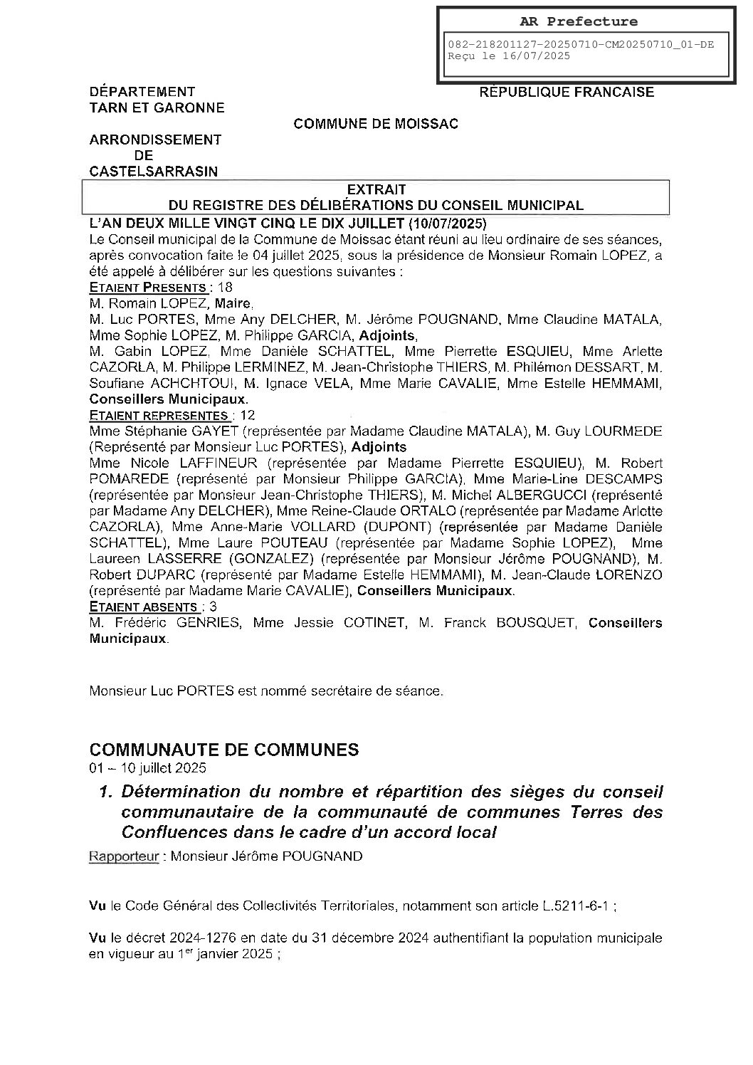 2025.07.01 ACCORD LOCAL DETERMINATION REPARTITION SIEGES CONSEIL COMMUNAUTAIRE