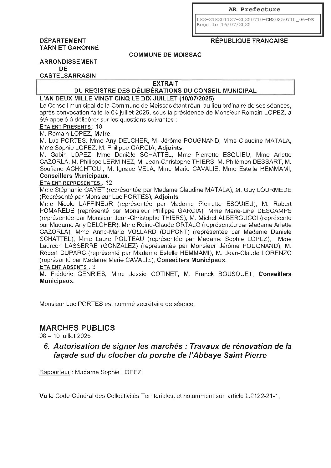 2025.07.06 AUTORISATION SIGNER MARCHE TRAVAUX RENOVATION CLOCHER PORCHE ABBAYE