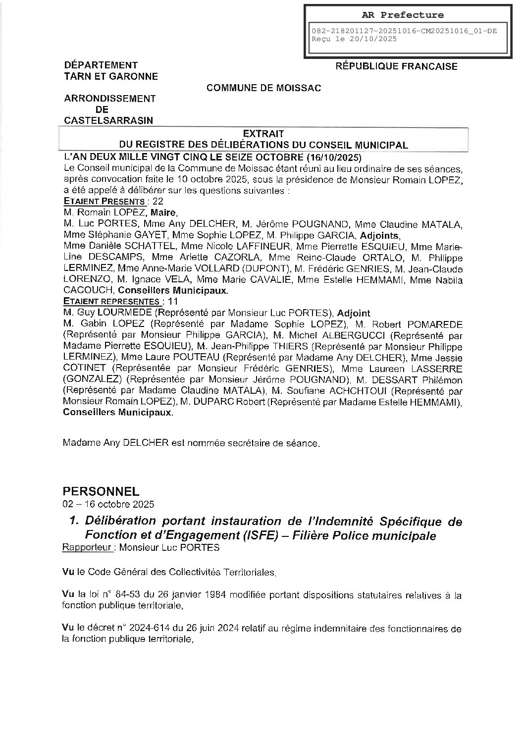 01 DELIBERATION POUR INSTAURATION DE L’ISFE FILIERE POLICE MUNICIPALE