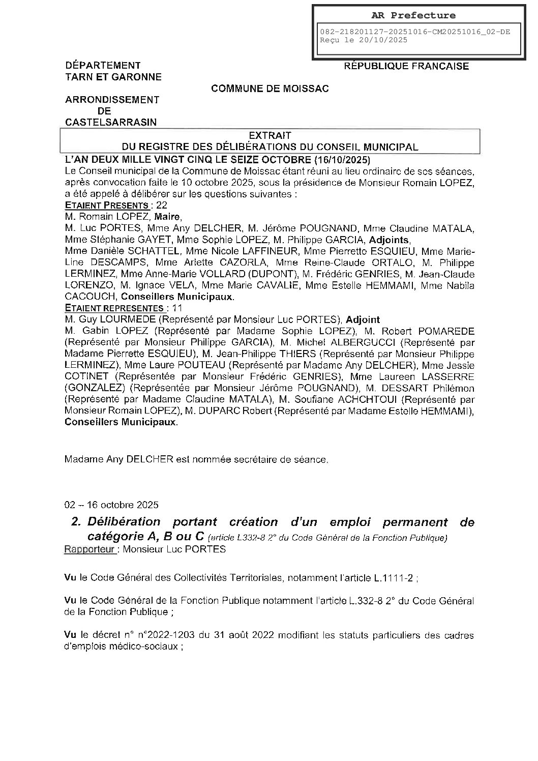 02 DELIBERATION PORTANT CREATION D UN EMPLOI PERMANENT