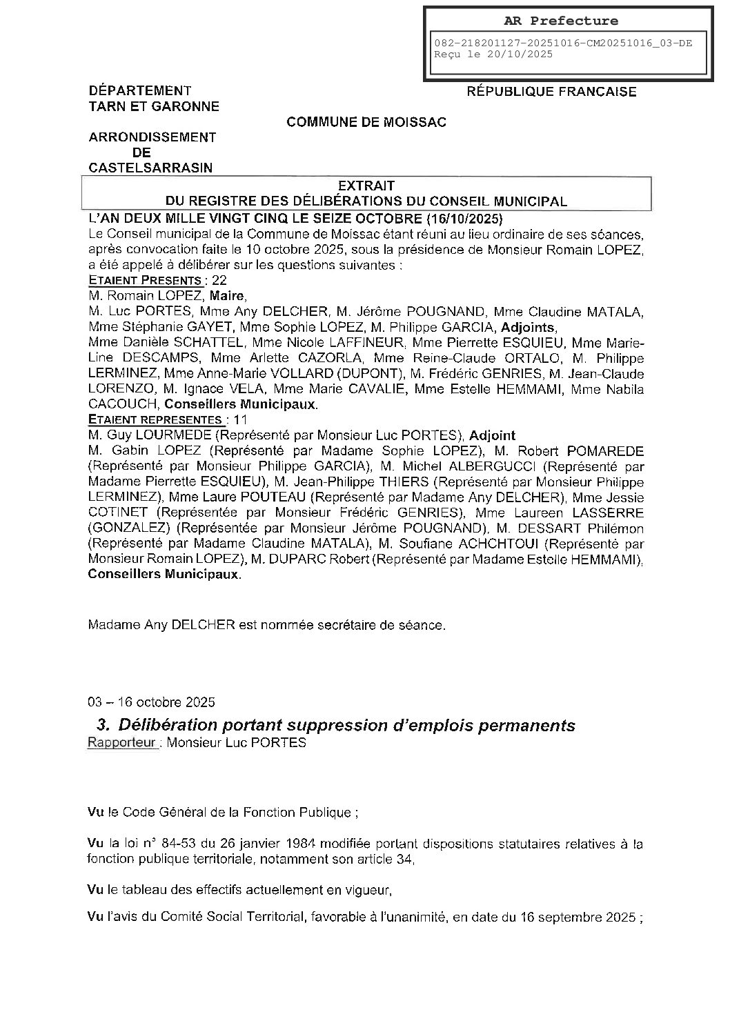 03 DELIBERATION PORTANT SUPPRESSION D EMPLOIS PERMANENTS