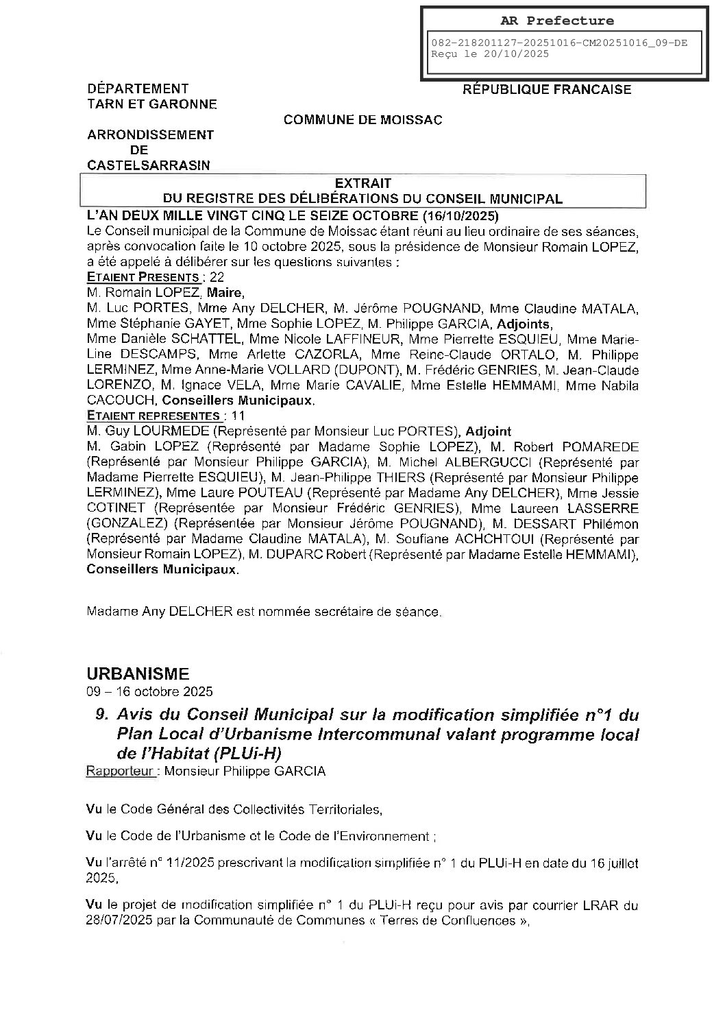 09 AVIS DU CONSEIL MUNICIPAL SUR LA MODIFICATION DU PLUIH