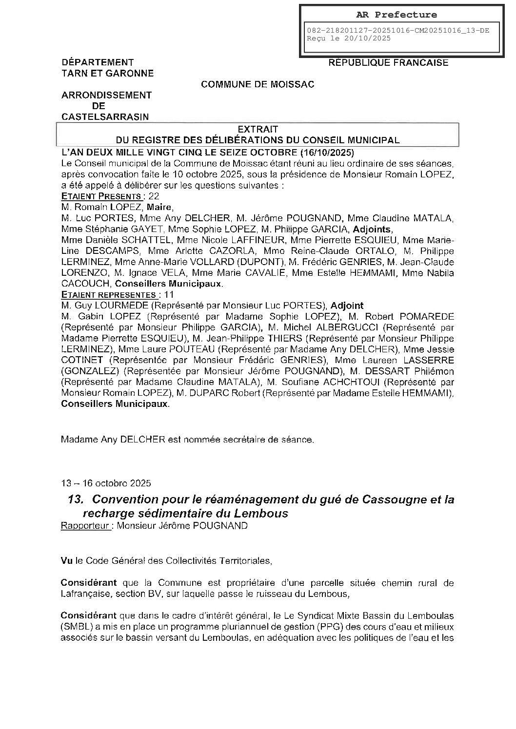 13 CONVENTION POUR LE REAMENAGEMENT DU GUE DE CASSOUGNE ET DU LEMBOUS