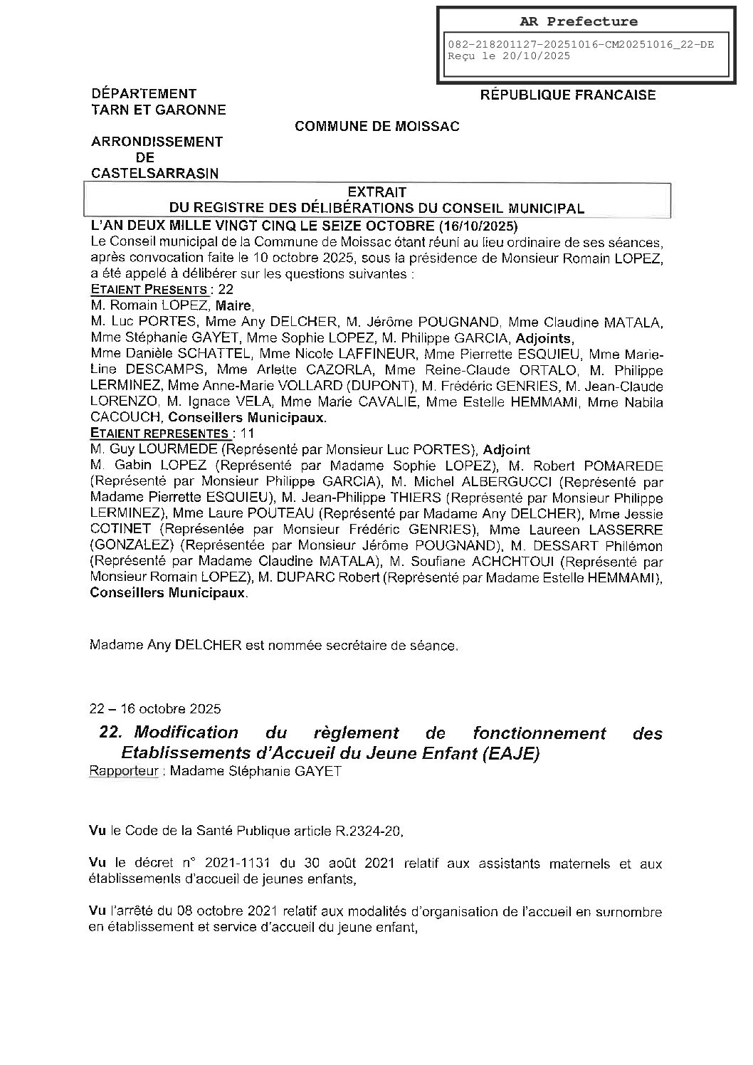 22 MODIFICATION REGLEMENT DE FONCTIONNEMENT EAJE