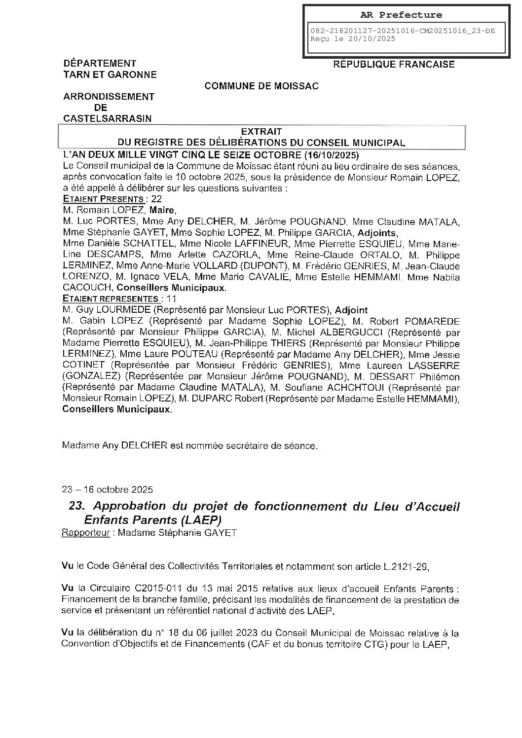 23 APPROBATION DU PROJET DE FONCTIONNEMENT DU LAEP