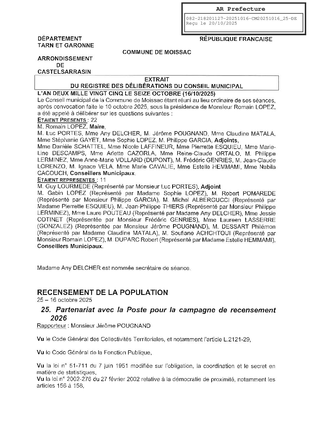 25 PARTENARIAT AVEC LA POSTE POUR LE RECENSEMENT