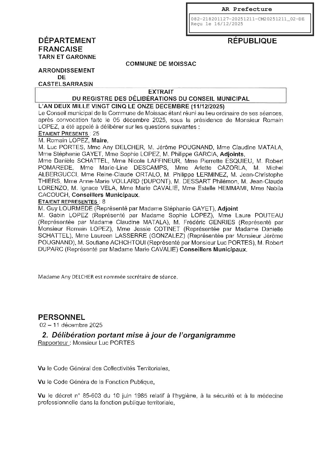 20251211 02 DELIBERATION PORTANT MISE A JOUR DE L&rsquo;ORGANIGRAMME