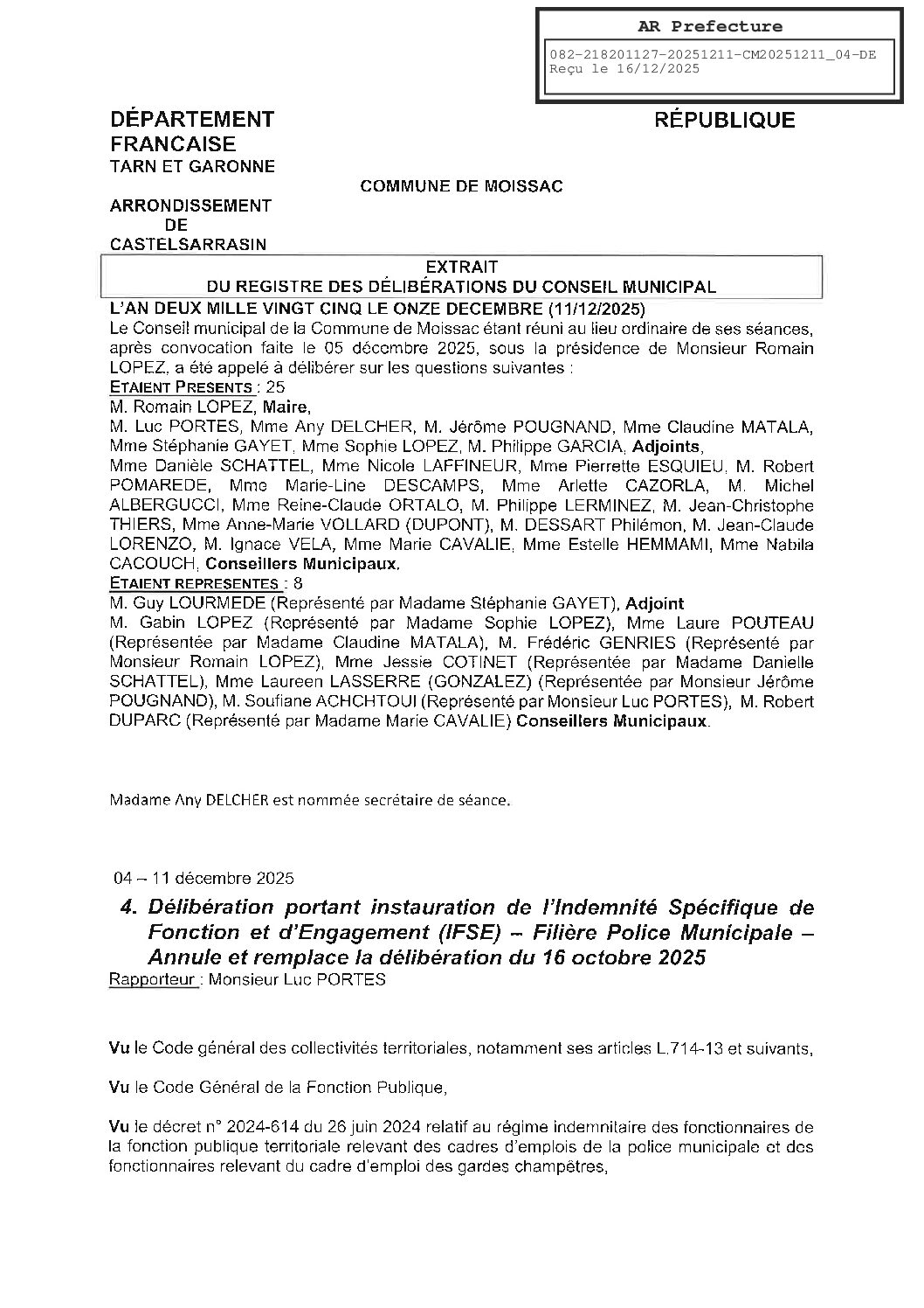20251211 04 DELIBERATION PORTANT INSTAURATION DE L&rsquo;IFSE