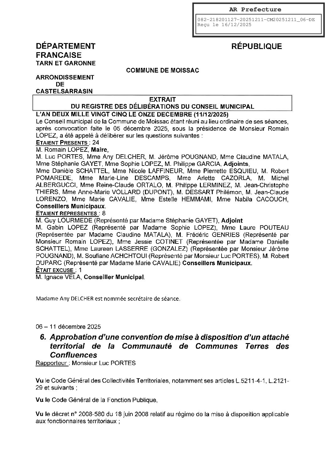 20251211 06 APPROBATION D&rsquo;UNE CONVENTION DE MISE A DISPOSITION D&rsquo;UN ATTACHE TERRITORIAL DE LA COMCOM