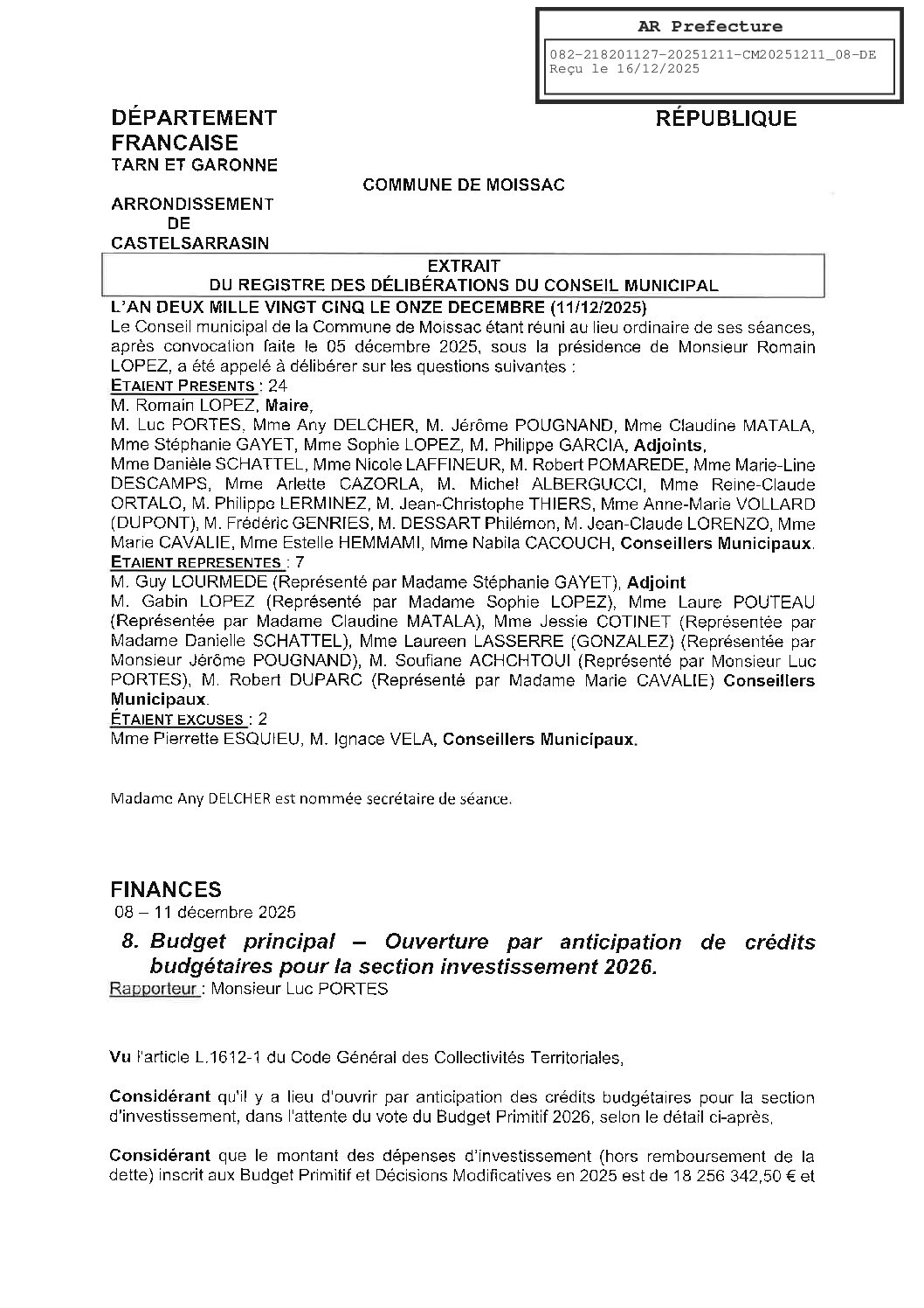 20251211 08 BUDGET PRINCIPAL OUVERTURE PAR ANTICIPATION DE CREDITS BUDGETAIRES