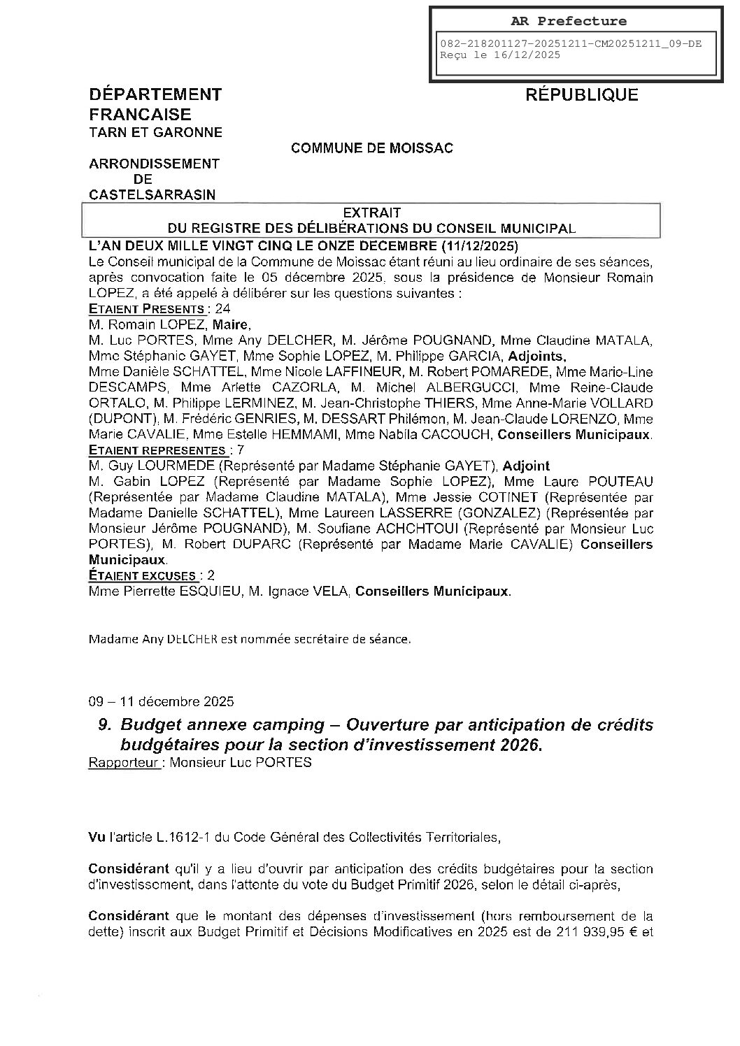 20251211 09 BUDGET ANNEXE CAMPING OUVERTURE PAR ANTICIPATION DE CREDITS