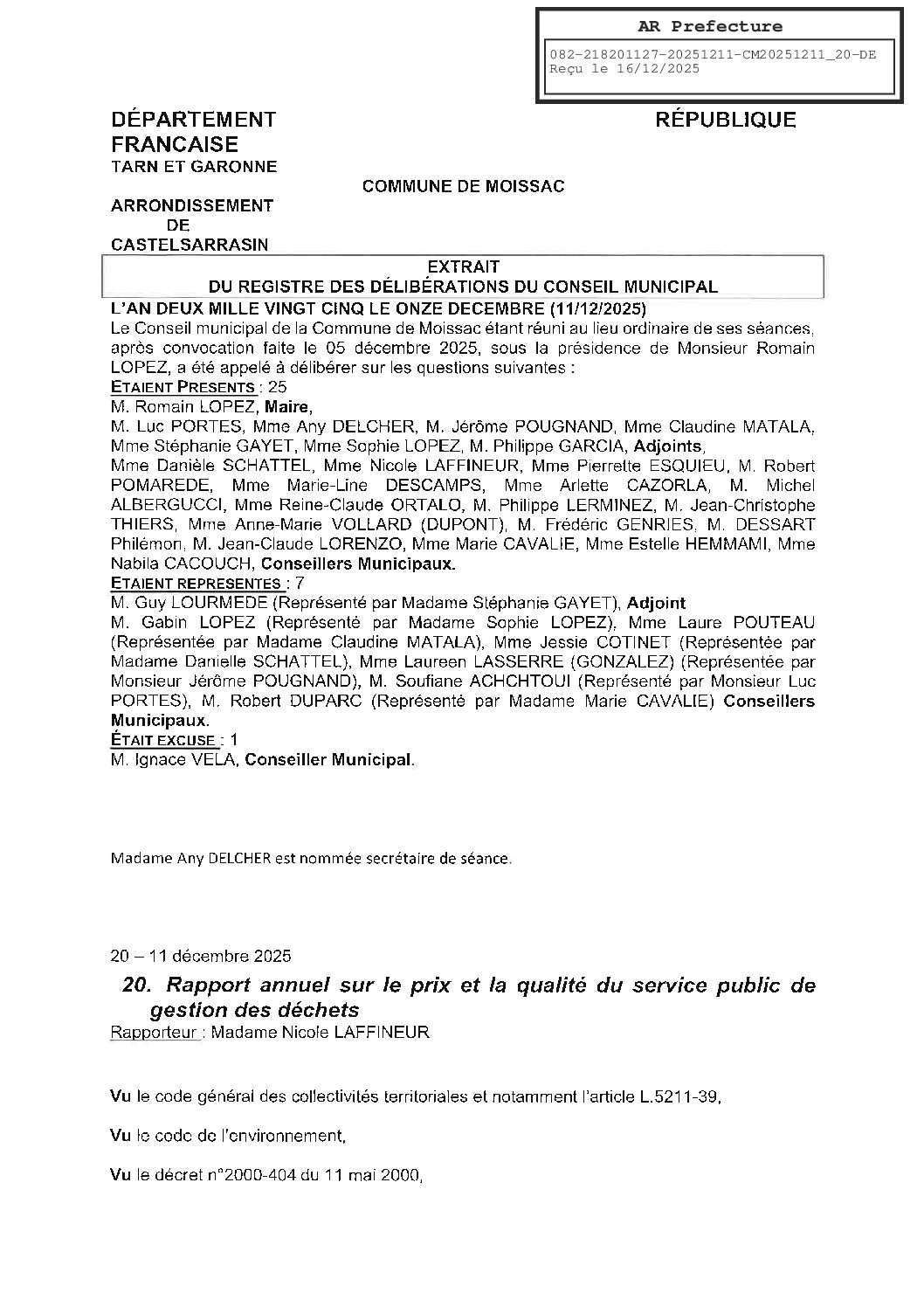 20251211 20 RAPPORT ANNUEL SUR LE PRIX ET LA QUALITE DU SERVICE PUBLIC DE GESTION DES DECHETS