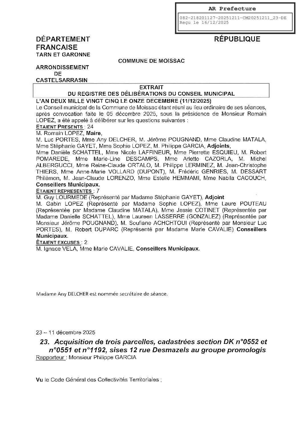 20251211 23 ACQUISITION DE TROIS PARCELLES RUE DESMAZELS