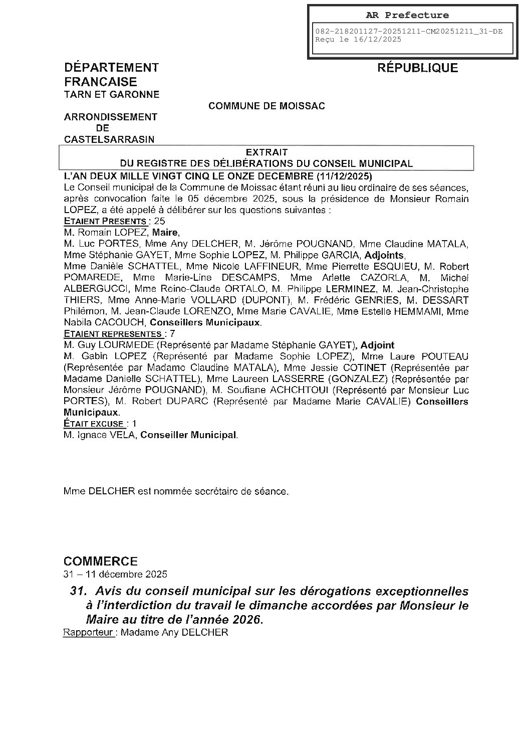 20251211 31 AVIS DU CONSEIL MUNICIPAL SUR LES OUVERTURES DOMINICALES 2026