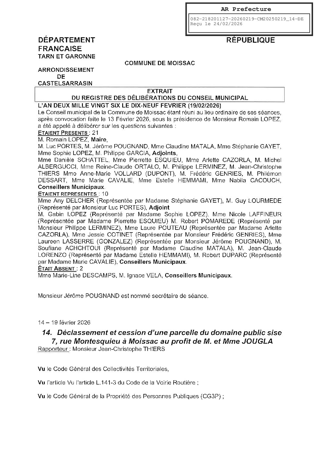 2026.02.19 14 DECLASSEMENT ET CESSION DE PARCELLE DU DOMAINE PUBLIC