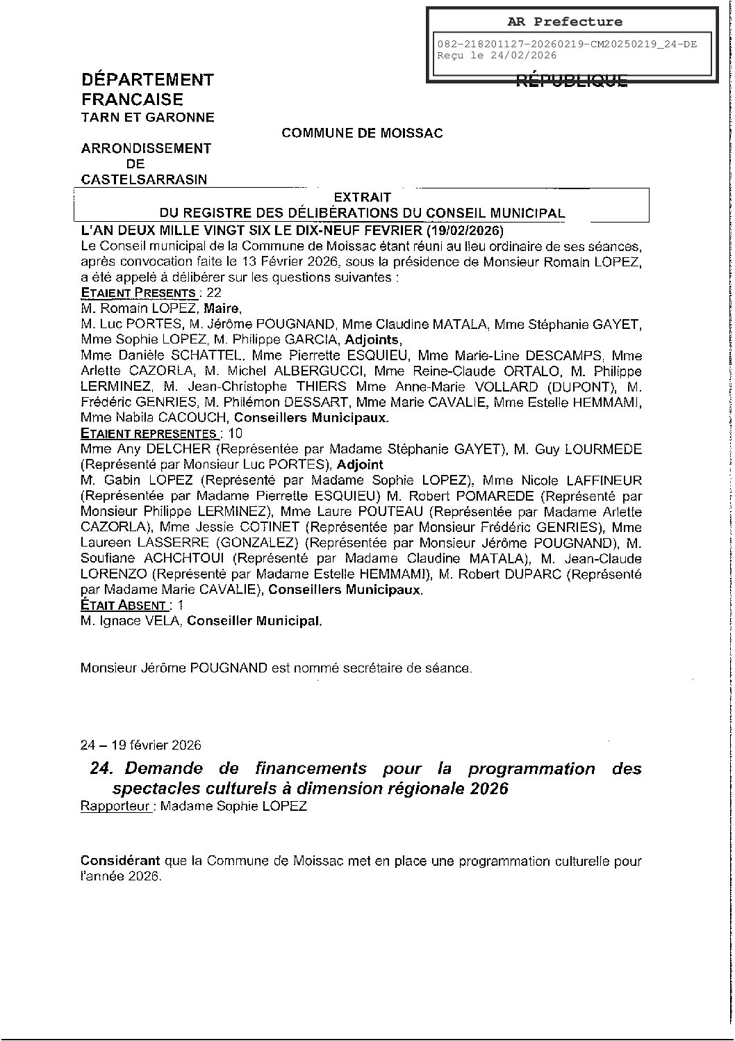 2026.02.19 24 DEMANDE DE FINANCEMENT POUR LA PROGRAMMATION DES SPECTACLES CULTURELS