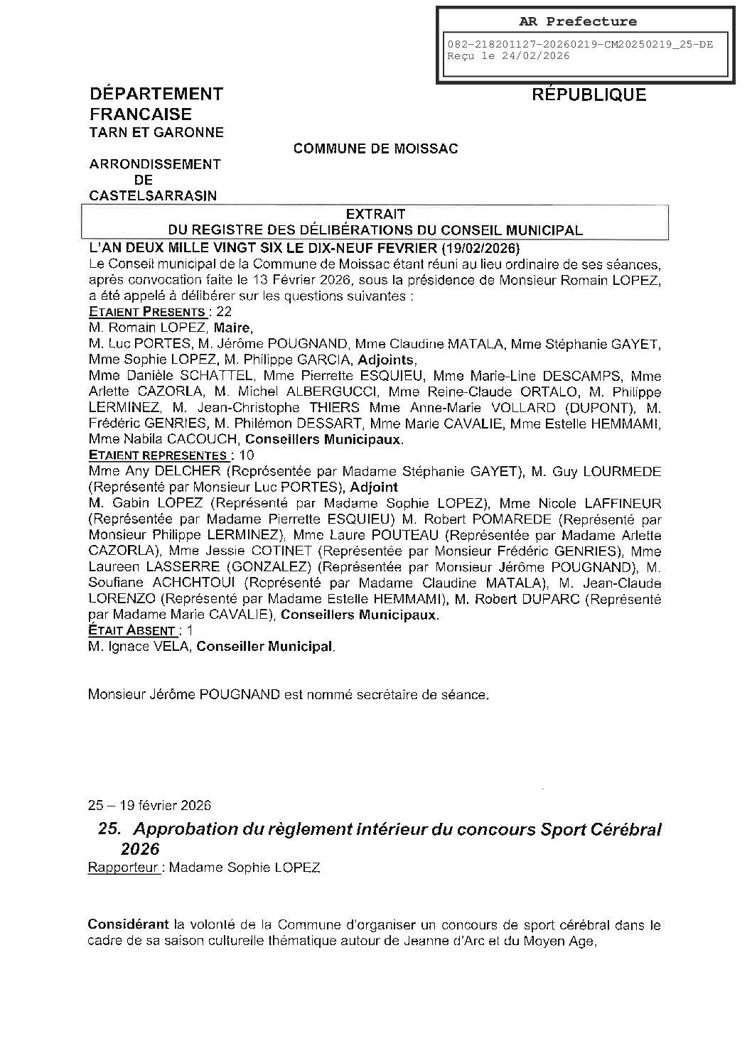 2026.02.19 25 APPROBATION DU REGLEMENT INTERIEUR DU CONCOURS SPORT CEREBRAL 2026