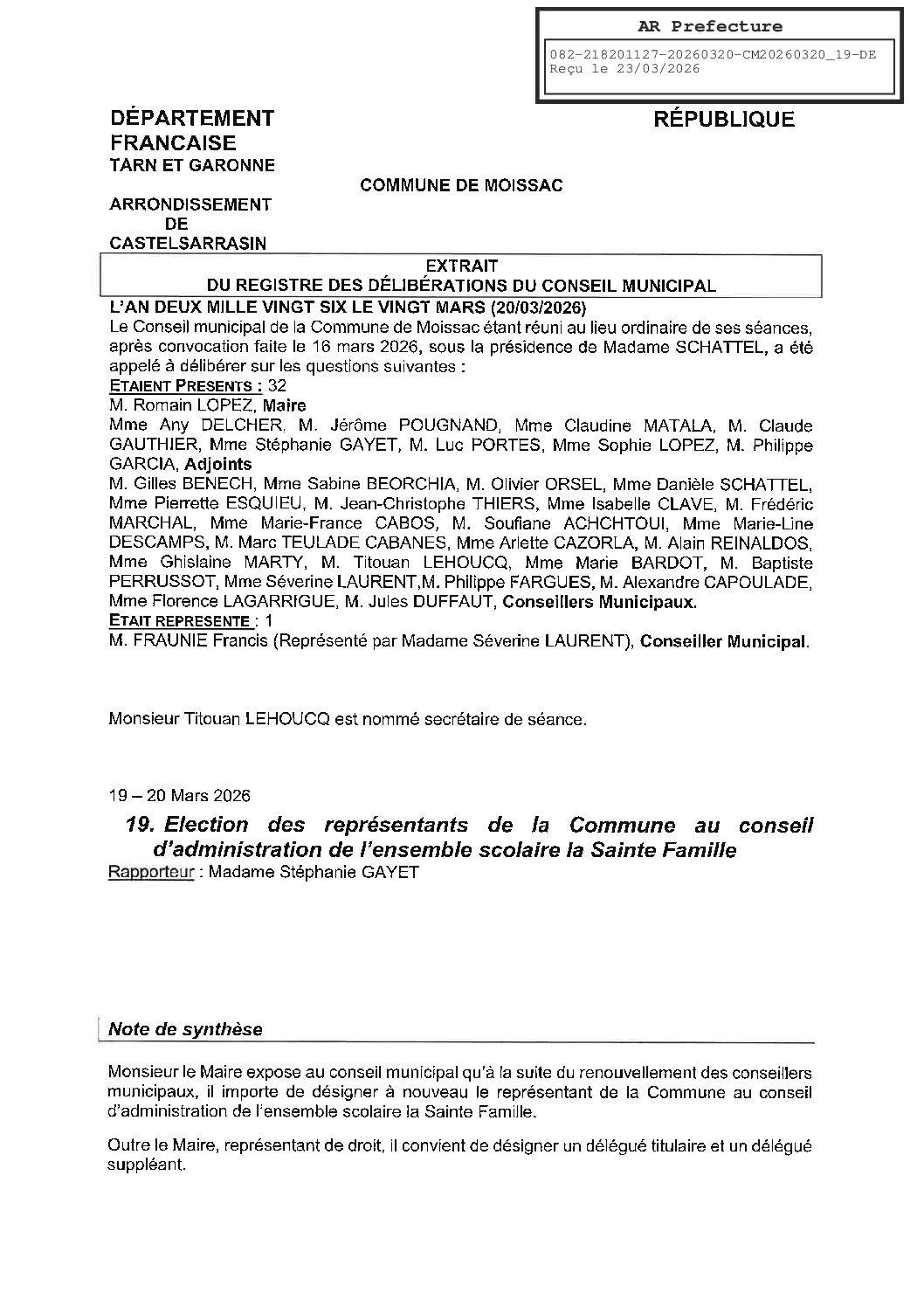 19 REPRESENTANTS AU CA DE LA SAINTE FAMILLE