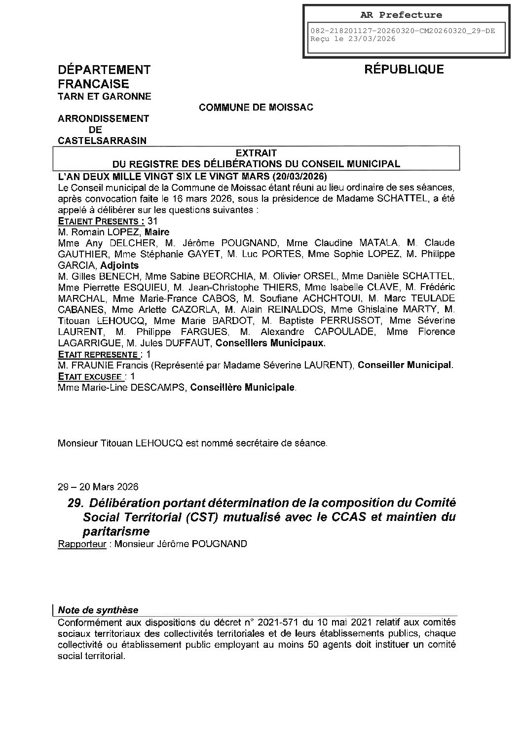 29 DELIBERATION PORTANT SUR LA DETERMINATION DE LA COMPOSITION DU CST