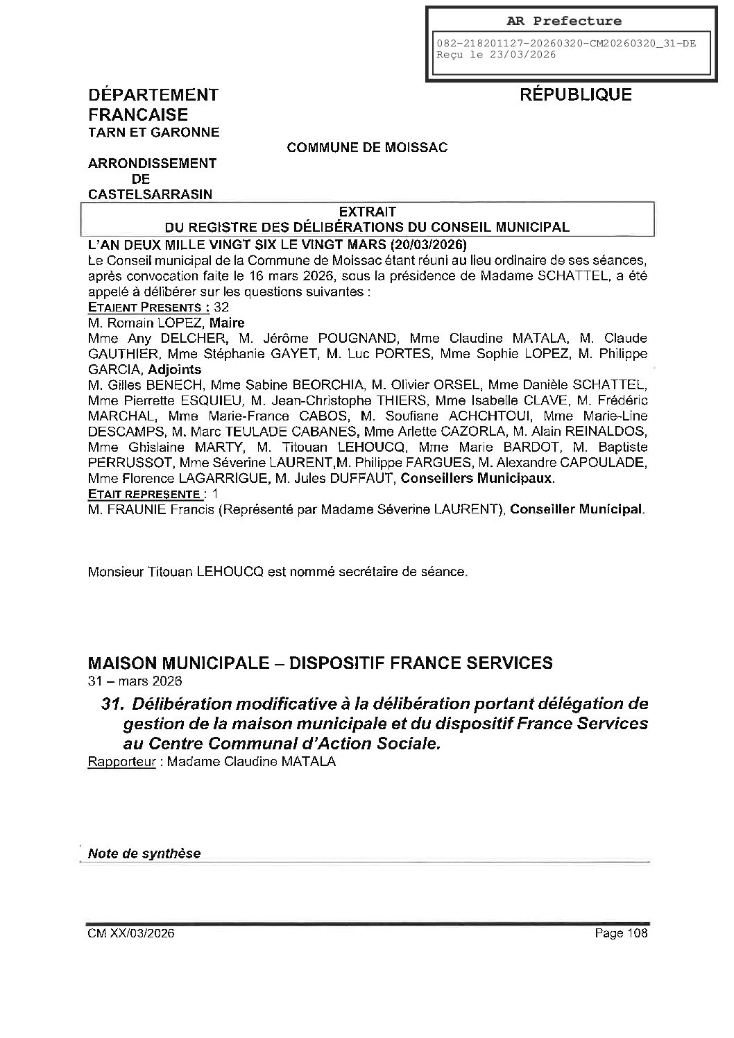 31 DELIBERATION MODIFICATIOVE PORTANT DELEGATION DE GESTION DE LA MAISON MUNICIPALE ET FRANCE SERVICES AU CCAS