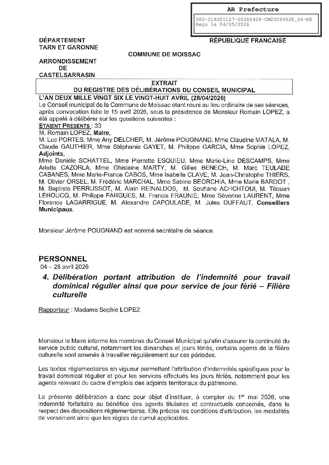04 04 DELIBERATION PORTANT ATTRIBUTION INDEMNITE POUR TRAVAIL DOMINICAL ET JOUR FERIE FILIERE CULTURELLE