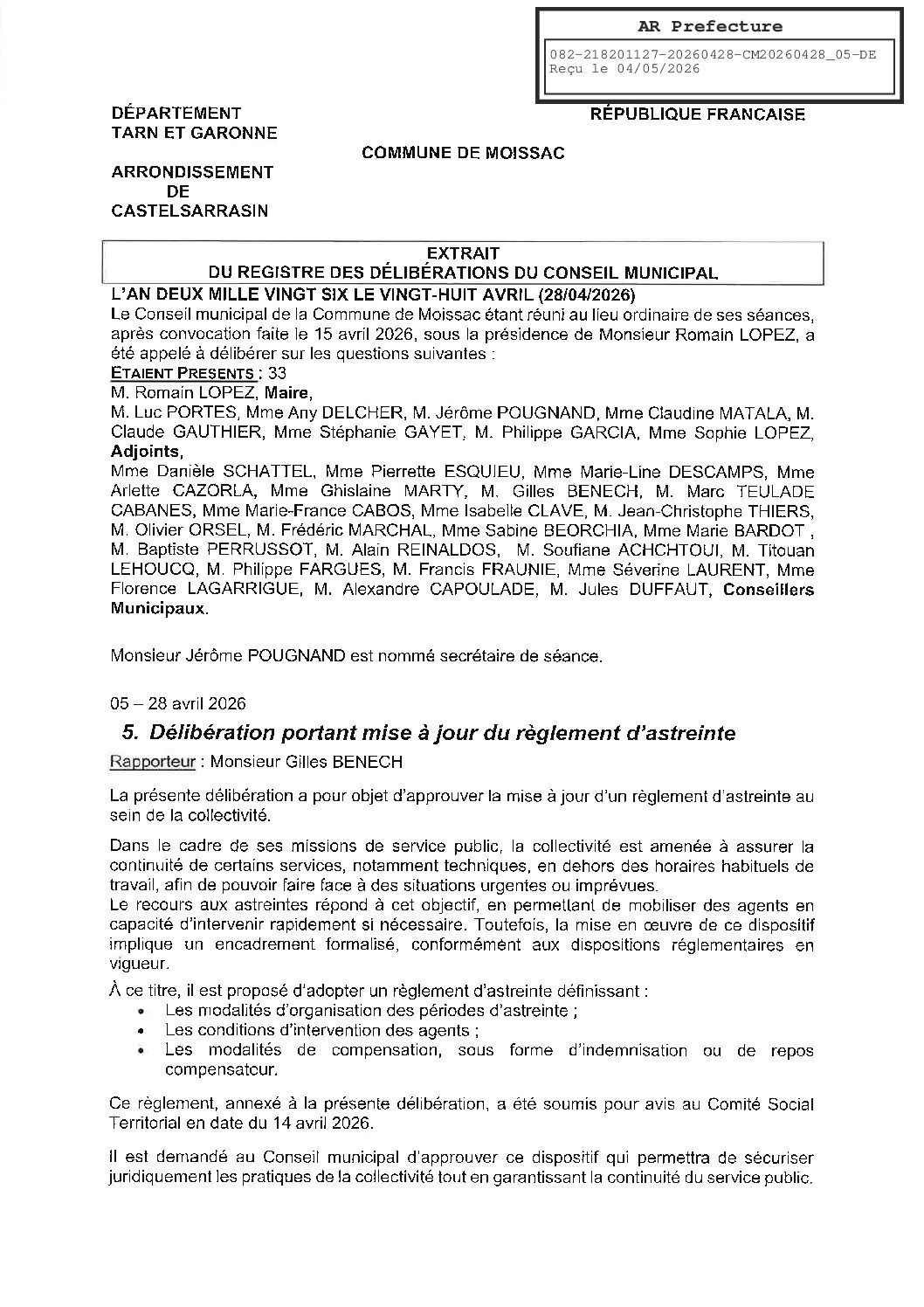 04 05 DELIBERATION PORTANT MISE A JOUR DU REGLEMENT D ASTREINTE