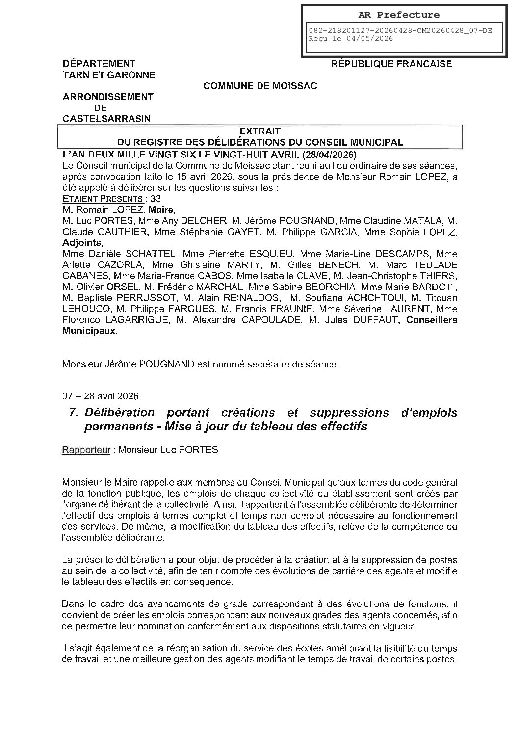 04 07 DELIBERATION PORTANT CREATIONS ET SUPPRESSIONS D EMPLOIS