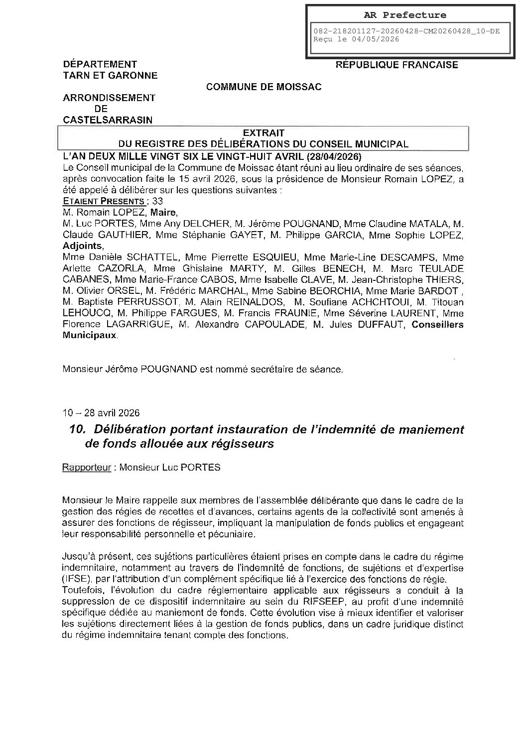 04 10 DELIBERATION PORTANT INSTAURATION DE L INDEMNITE DE MANIEMENT DE FONDS