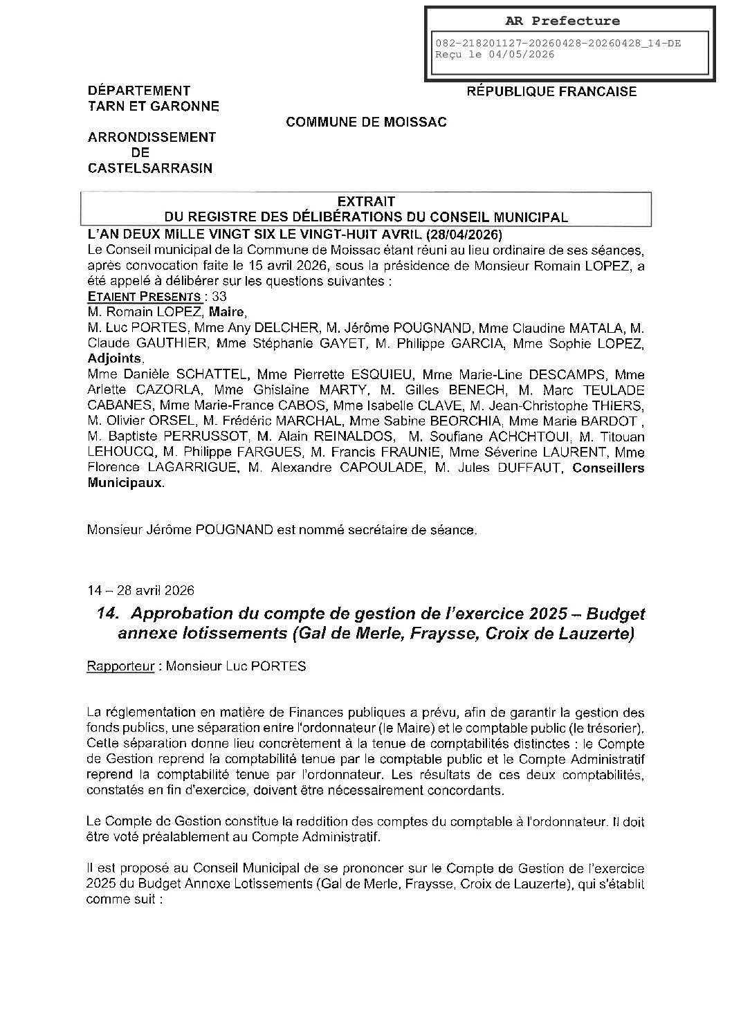 04 14 COMPTE DE GESTION BUDGET LOTISSEMENTS