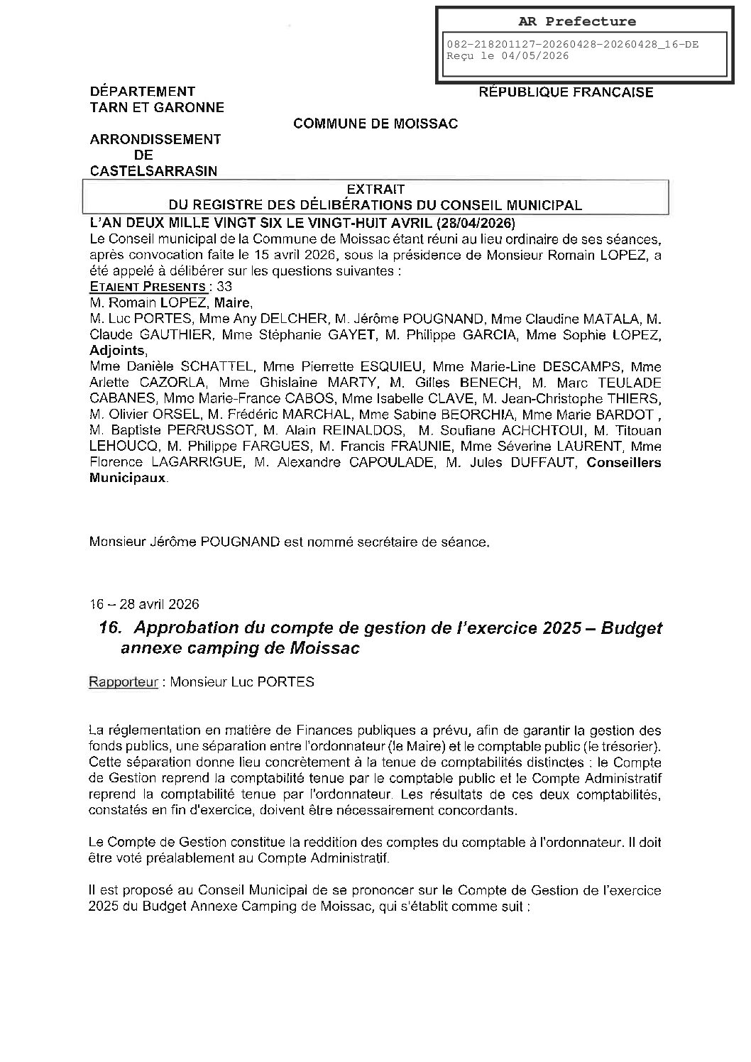 04 16 COMPTE DE GESTION BUDGET CAMPING
