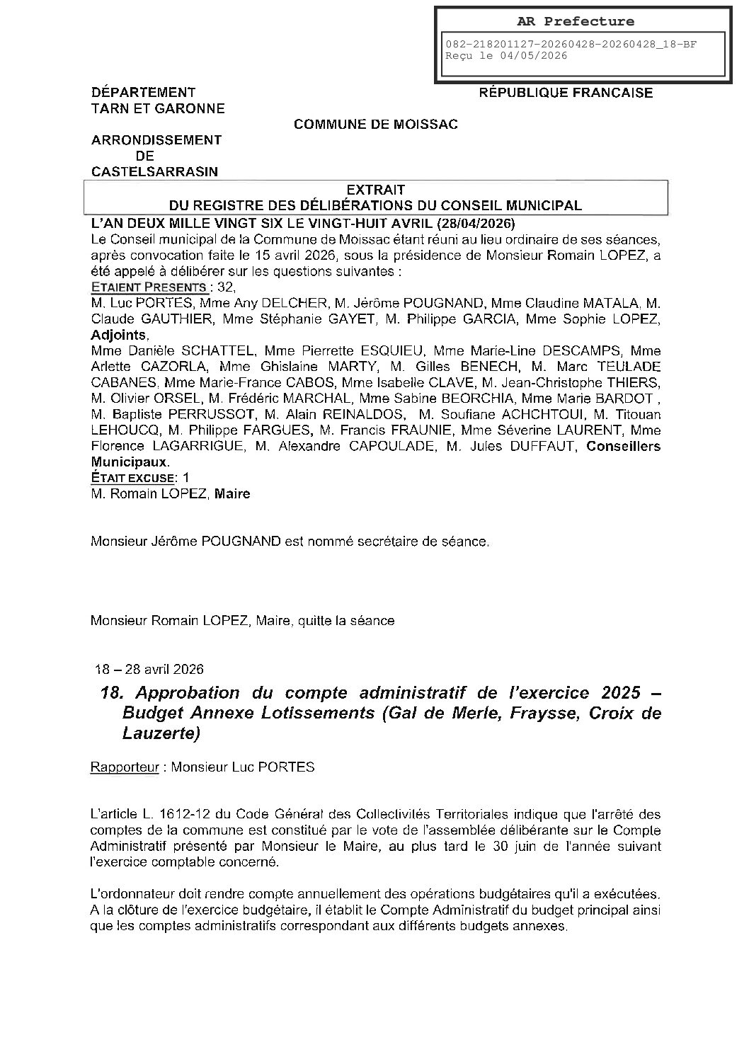 04 18 COMPTE ADMINISTRATIF BUDGET LOTISSEMENTS