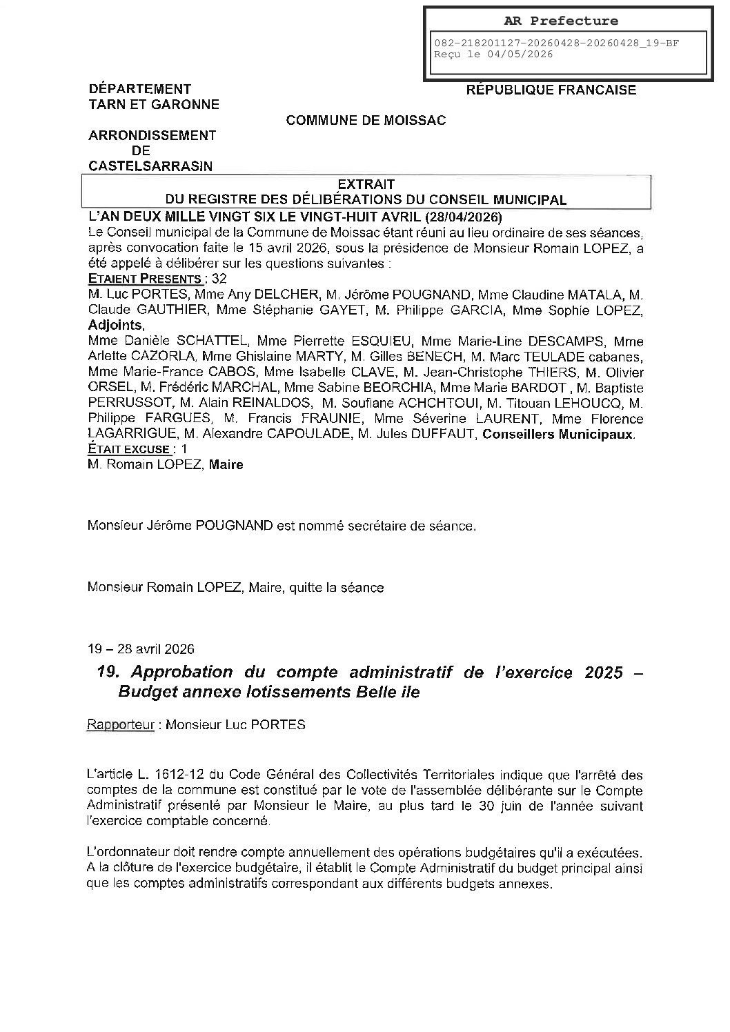 04 19 COMPTE ADMINISTRATIF BUDGET BELLE ILE