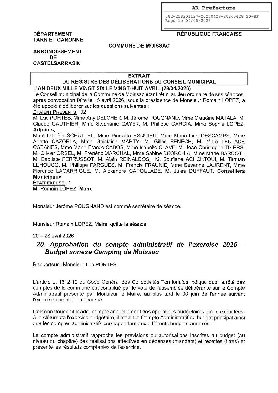 04 20 COMPTE ADMINISTRATIF BUDGET CAMPING