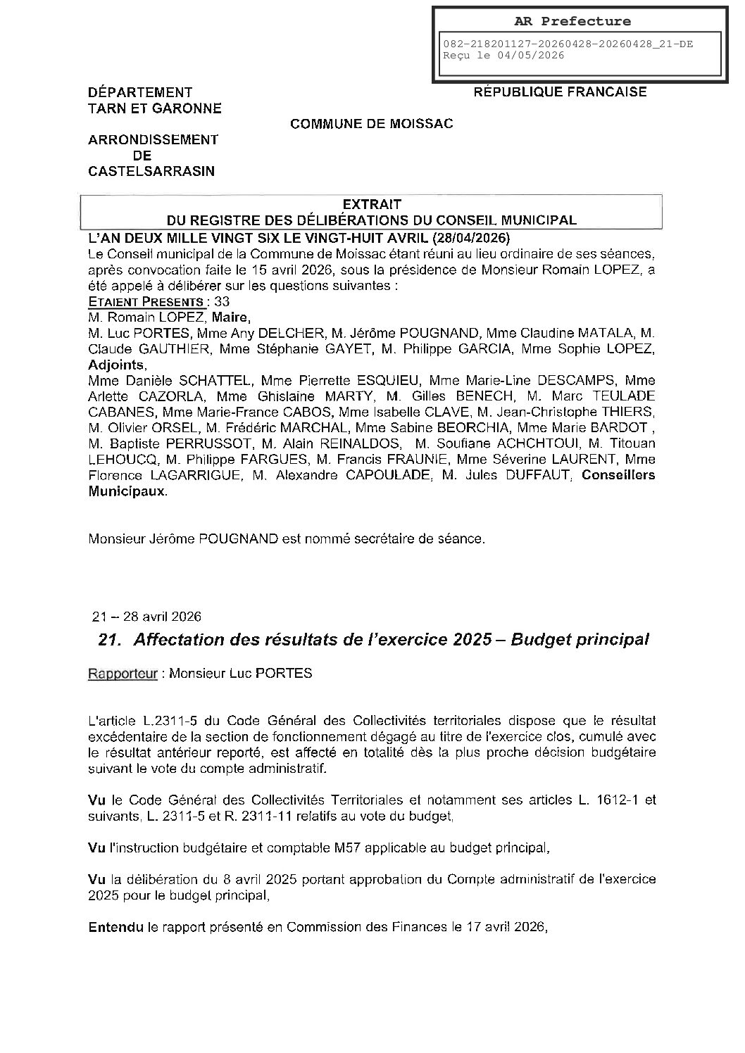 04 21 AFFECTATION RESULTAT BUDGET PRINCIPAL