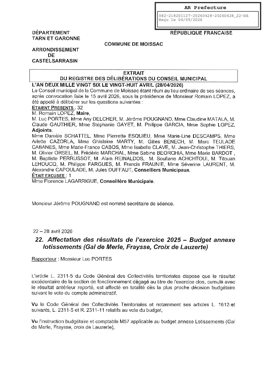04 22 AFFECTATION RESULTAT BUDGET LOTISSEMENTS