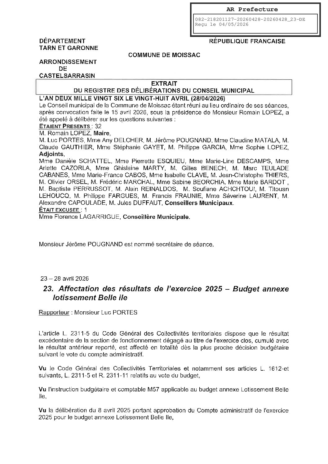 04 23 AFFECTATION RESULTAT BUDGET BELLE ILE 15004
