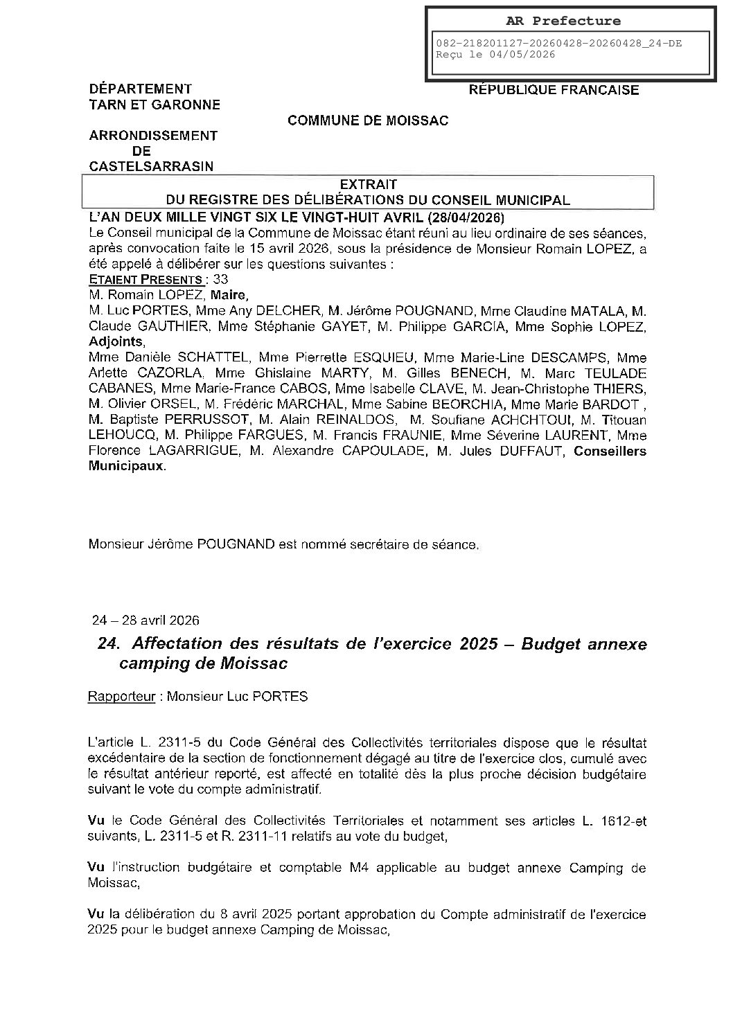 04 24 AFFECTATION RESULTAT BUDGET CAMPING