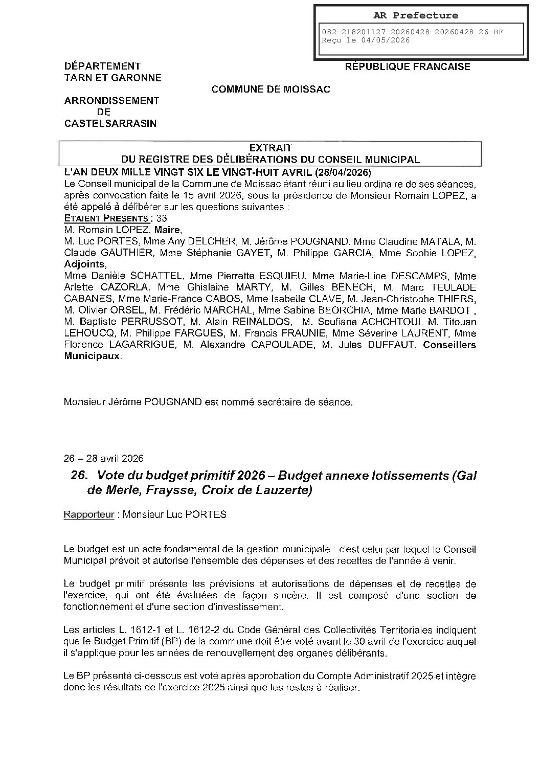 04 26 BUDGET PRIMITIF BUDGET LOTISSEMENTS 15001