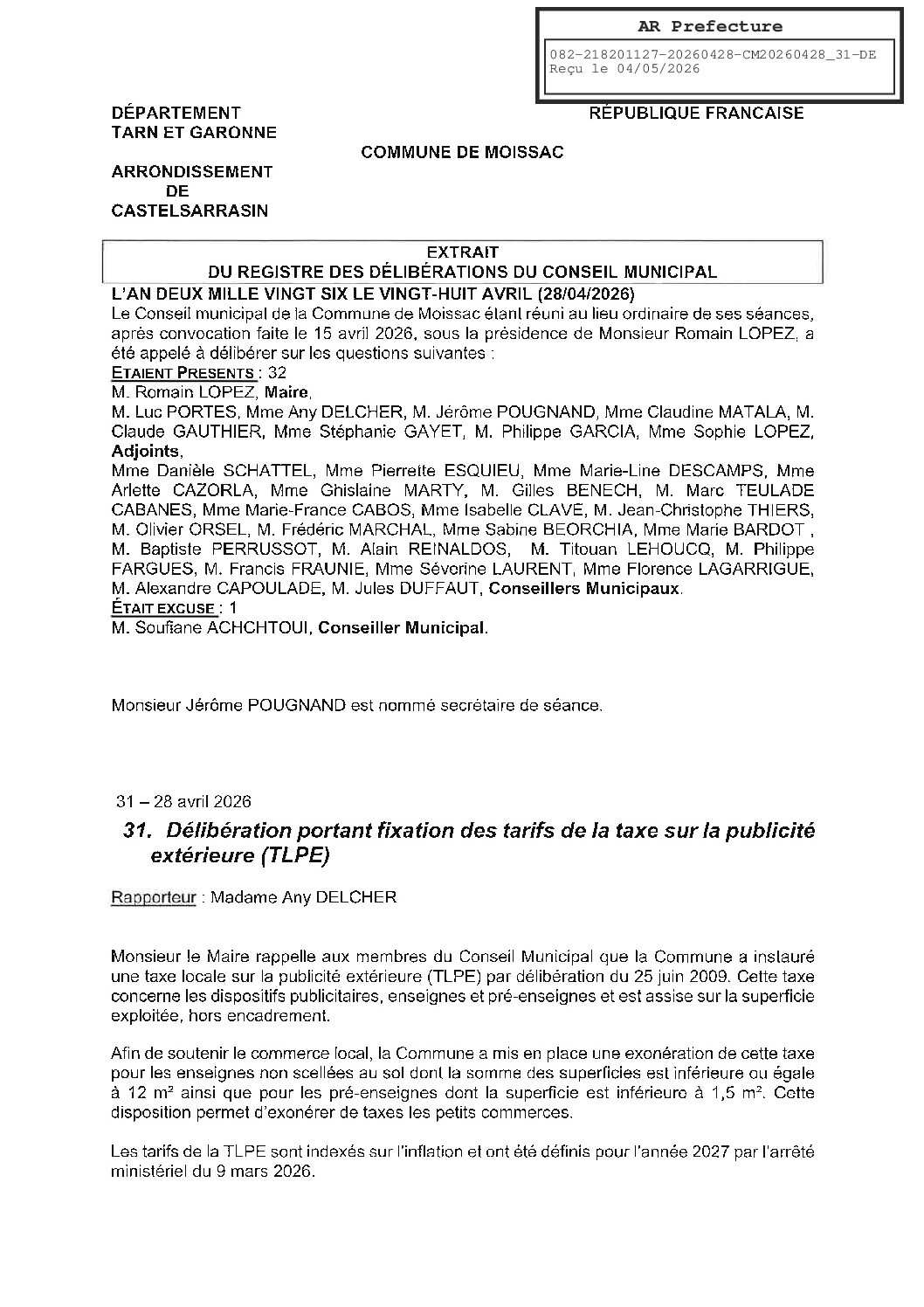 04 31 DELIBERATION PORTANT FIXATION DES TARIFS DE LA TLPE