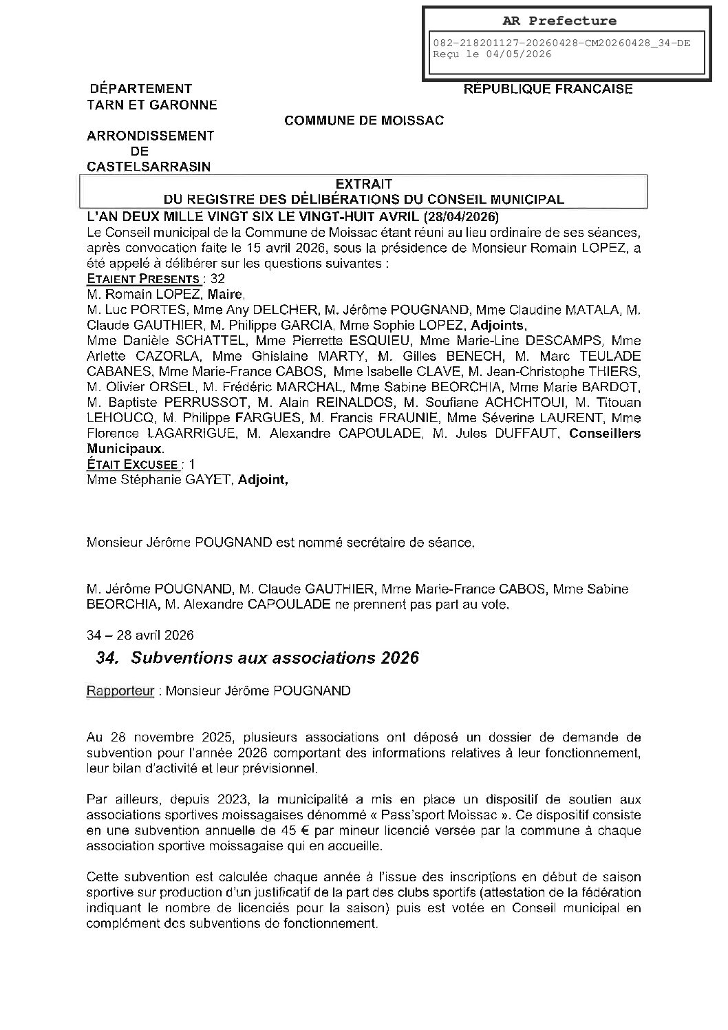 04 34 DELIBERATION PORTANT SUR LES SUBVENTIONS AUX ASSOCIATIONS 2026