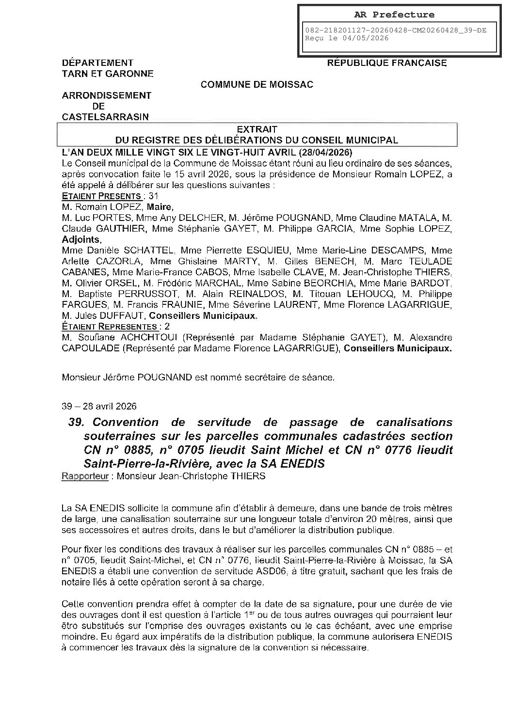 04 39 CONVENTION DE SERVITUDE DE PASSAGE DE CANALISATIONS
