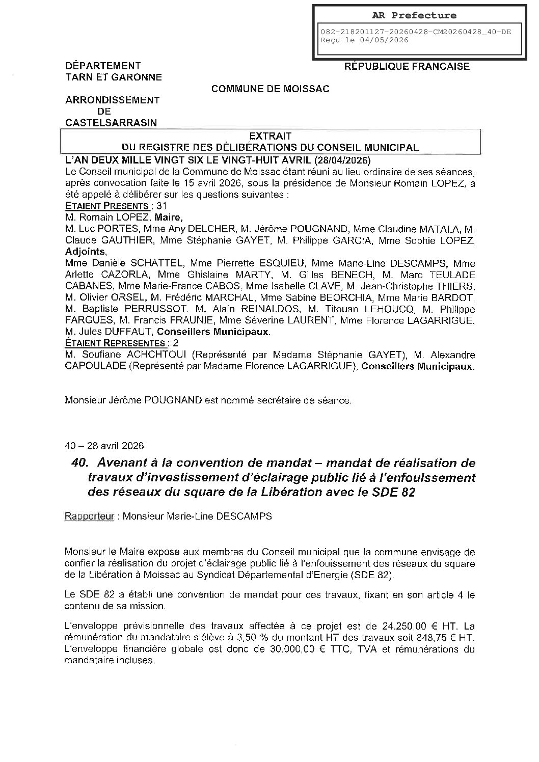 04 40 AVENANT A LA CONVENTION DE MANDAT REALISATION DE TRAVAUX D INVESTISSEMENT D ECLAIRAGE PUBLIC