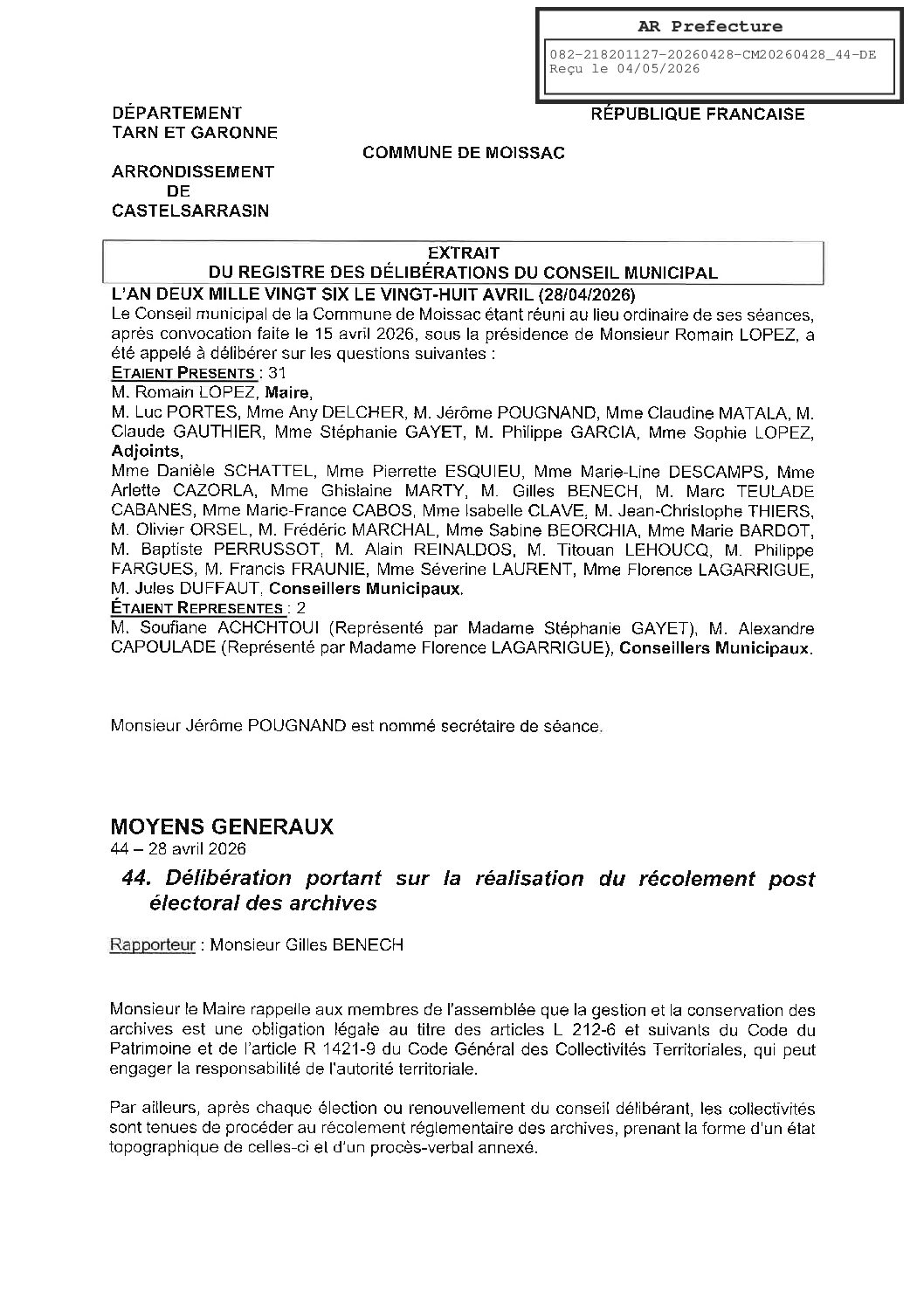 04 44 DELIBERATION PORTANT SUR LA REALISATION DU RECOLEMENT POST ELECTORAL DES ARCHIVES