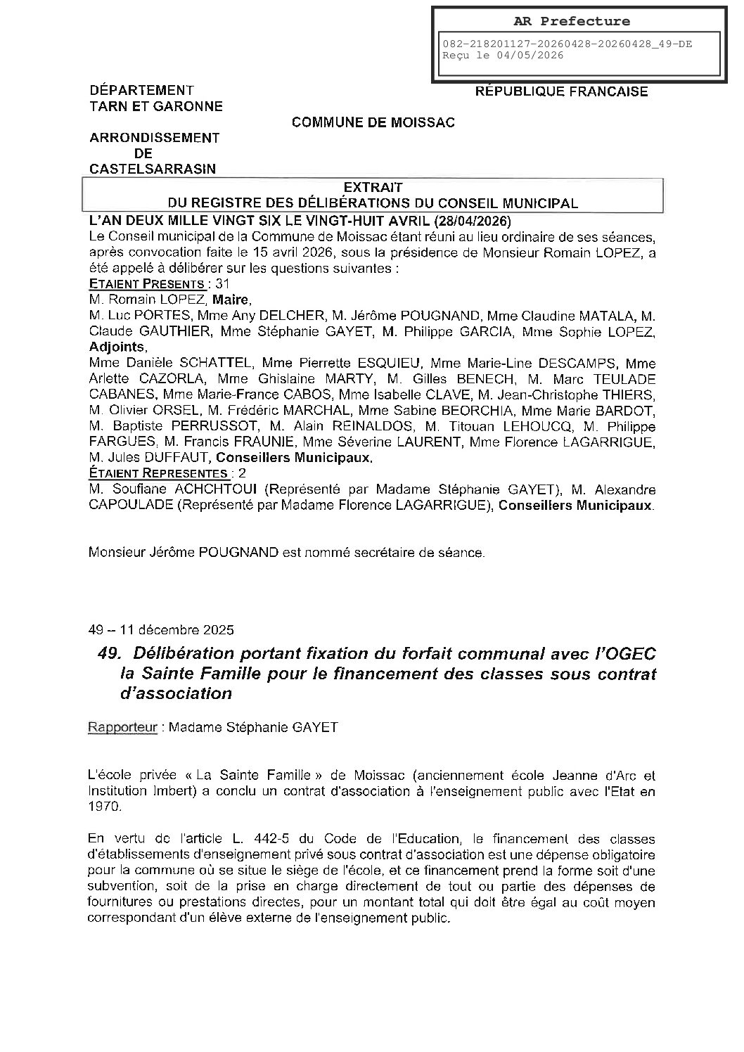 04 49 DELIBERATION PORTANT FIXATION DU FORFAIT COMMUNAL AVEC L OGEC