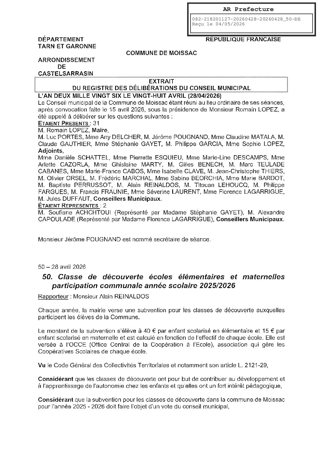 04 50 CLASSE DE DECOUVERTE ECOLES ELEMENTAIRES ET MATERNELLES PARTICIPATION COMMUNALE