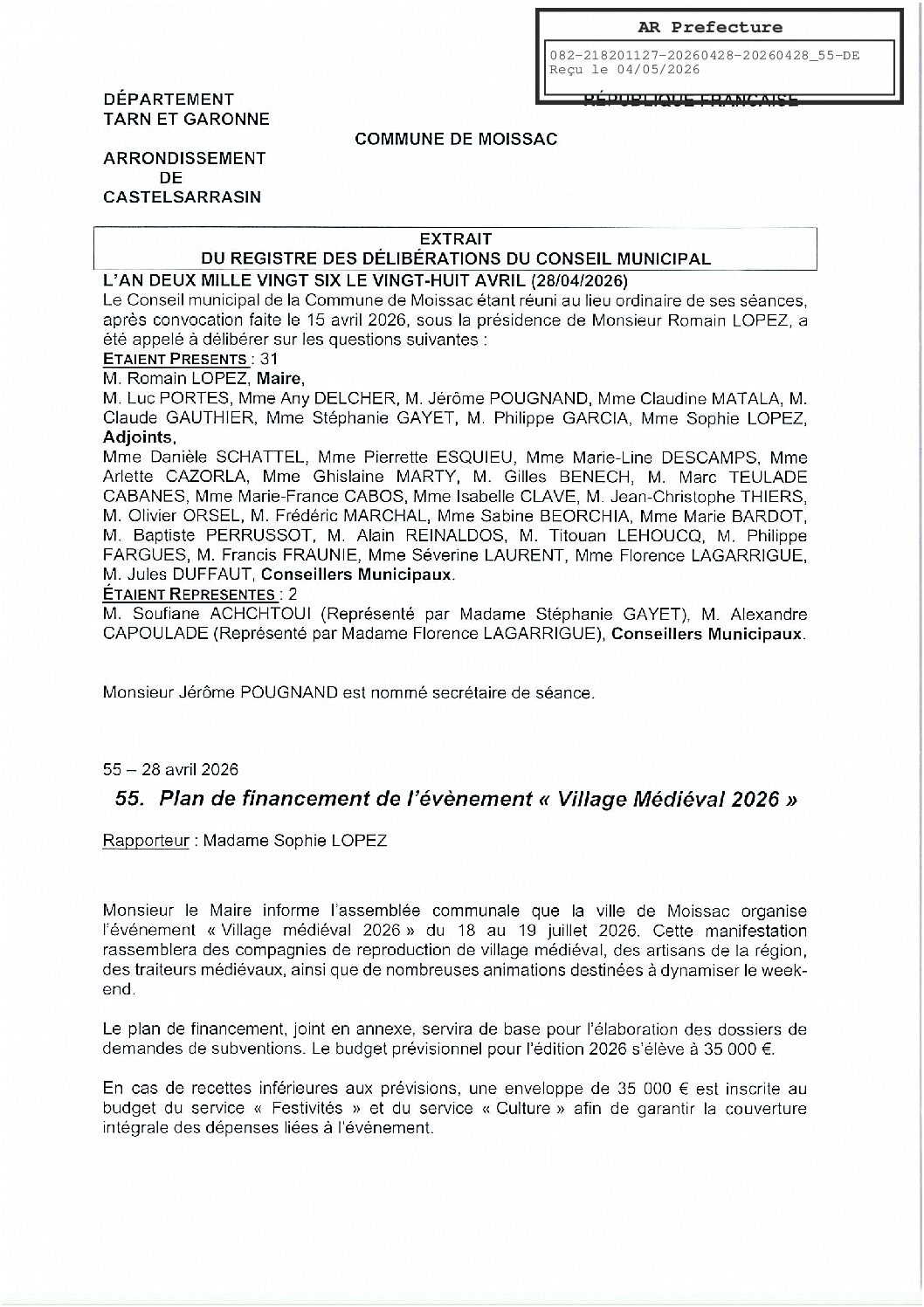04 55 DELIBERATION PORTANT SUR LE PLAN DE FINANCEMENT DU VILLAGE MEDIEVAL